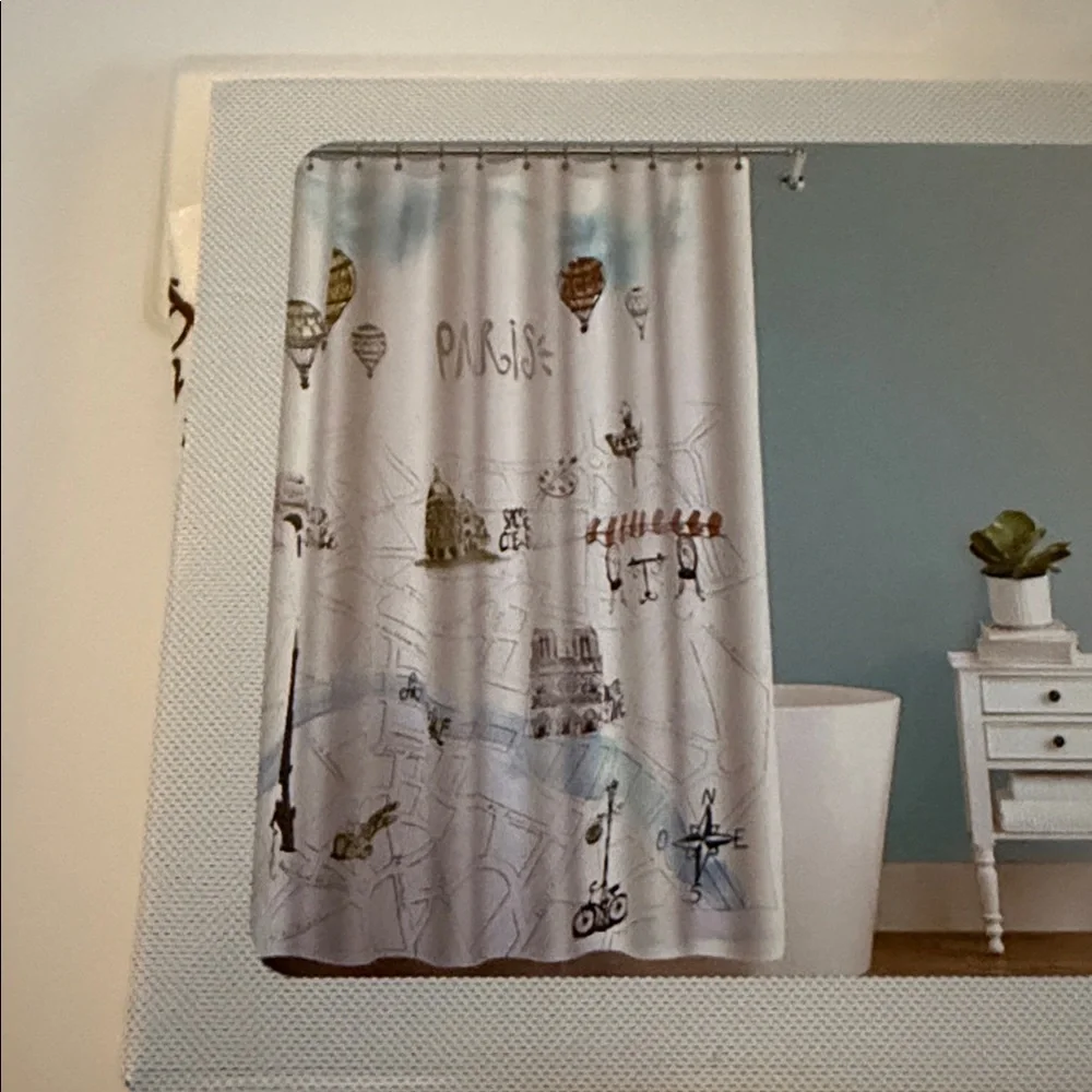 New Splash Polyester Shower Curtain 72” x 72” Paris Theme with 12 Roller Hooks